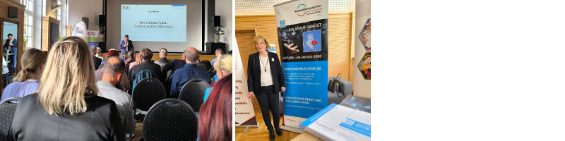 Zu sehen sind verschiedene Momentaufnahmen aus der Veranstaltung: Ein Blick über das Publikum zum Redner sowie Regionalberaterin vor dem Infopoint der Weiterbildungsagentur Sachsen-Anhalt Ost